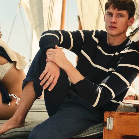 NEW Men's J.Crew Navy White Striped Heritage Cotton Crewneck Sweater - Size: L